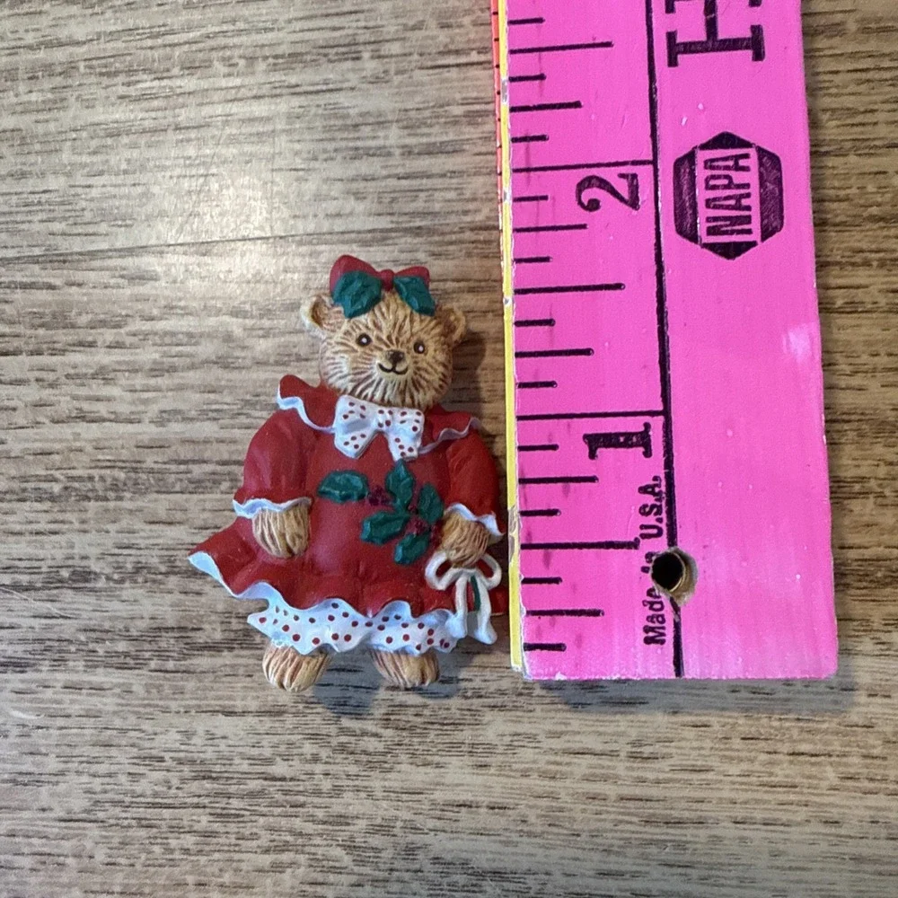 Vintage Hallmark Christmas Teddy Bear Red Dress Holiday Brooch Pin